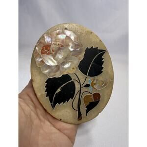 VTG Mexican Marble Coaster With mother Of Pearl Onyx Turquoise Flower Inlay